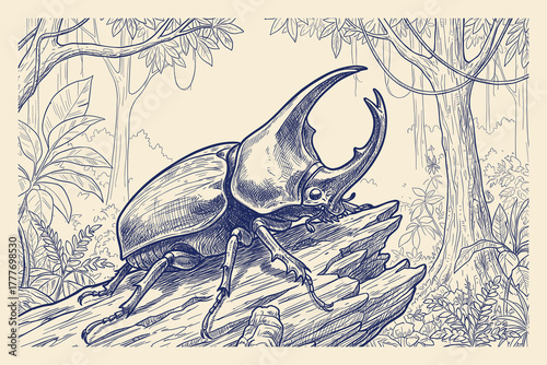 Hand-Drawn Illustration of a Majestic Rhinoceros Beetle Standing Proud on a Forest Log, Surrounded by Nature’s Wild Tropical Vegetation