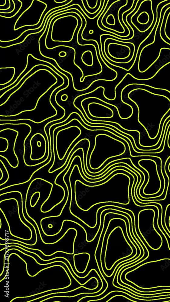 Abstract Neon Yellow Topographic Map Lines Moving Seamlessly on Black Background Animated Digital Contour Grid Pattern Loop for VJ or Technology