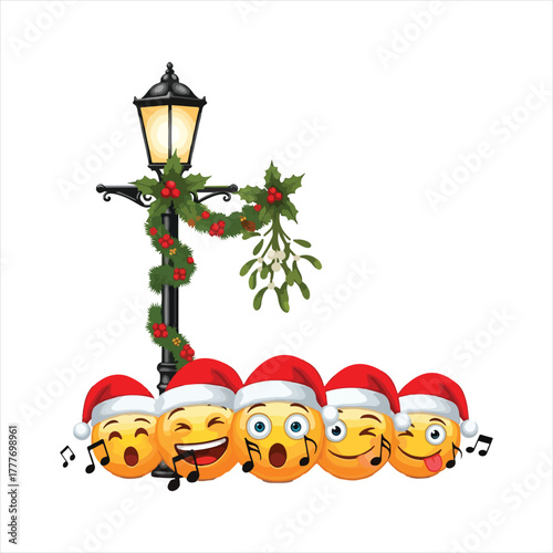 Happy christmas emojis wearing santa hats singing carols under a decorated lamp post.