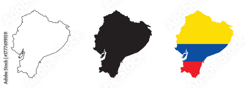 Ecuador map vector set with editable country outline black silhouette and national flag design featuring yellow blue and red horizontal stripes isolated on white for geography and education projects