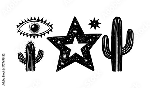 Black and White Desert Icons: Cactus, Star, and Evil Eye Symbol