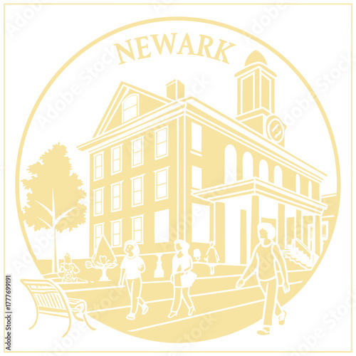 Newark Illustration Featuring Modern Architecture, Streetlamp, and Diverse Pedestrians
