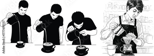Home barista coffee preparation and latte art illustrations