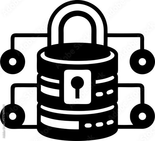 Data encryption lock silhouette vector icon , black and white , white background 