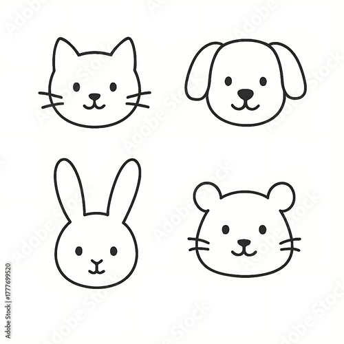 Charming hand drawn doodles of four adorable pet animal faces including a cat dog rabbit and mouse