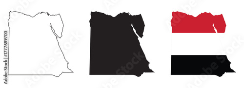 Egypt map vector set with editable country outline black silhouette and national flag design featuring red white black horizontal stripes with golden eagle isolated on white for education