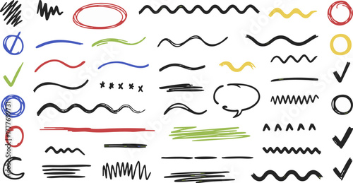 Hand drawn doodle elements for design vector set of underlines circles and check marks on a black background