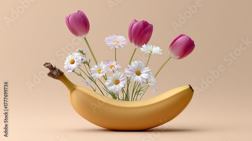 A banana is used as a vase for flowers, including daisies and tulips. The image has a whimsical and playful mood, as the banana is not a typical vase and the flowers are arranged in a creative way