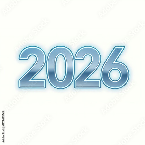 Gleaming metallic blue numbers representing the year 2026 with a soft glow on a white background