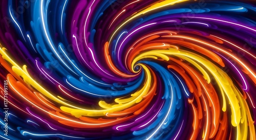 Twisting spiral of neon colors radiating outward.