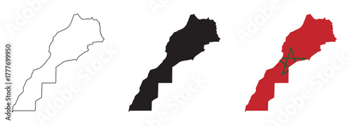 Morocco map vector set with editable country outline black silhouette and national flag design featuring red background and green pentagram star isolated on white background for education