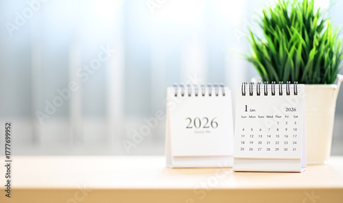 Minimal Desk with 2026 Calendar and Empty Space for Text — New Year Concept
