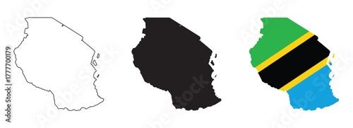 Tanzania map vector set with editable country outline black silhouette and national flag design featuring green yellow black and blue diagonal stripes isolated on white for geography
