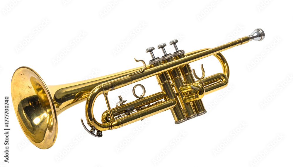 Obraz premium Shiny brass trumpet instrument isolated on black