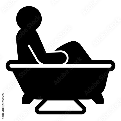 Man in bathtub solid icon, spa salon concept. Vector graphics. Bathroom with towel and mat, bath time sign on white background, style icon mobile or web design.