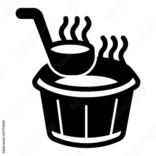 Water bucket and ladle solid icon, spa massage concept. Vector graphics. Bucket of hot water, bath time sign on white background, style icon mobile or web design.