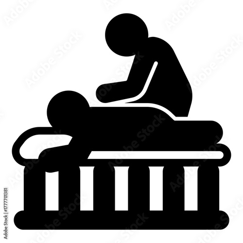 Masseur with man on wooden bed solid icon, spa massage concept. Vector graphics. Massaging art for client back, therapy sign on white background, style icon mobile or web design.