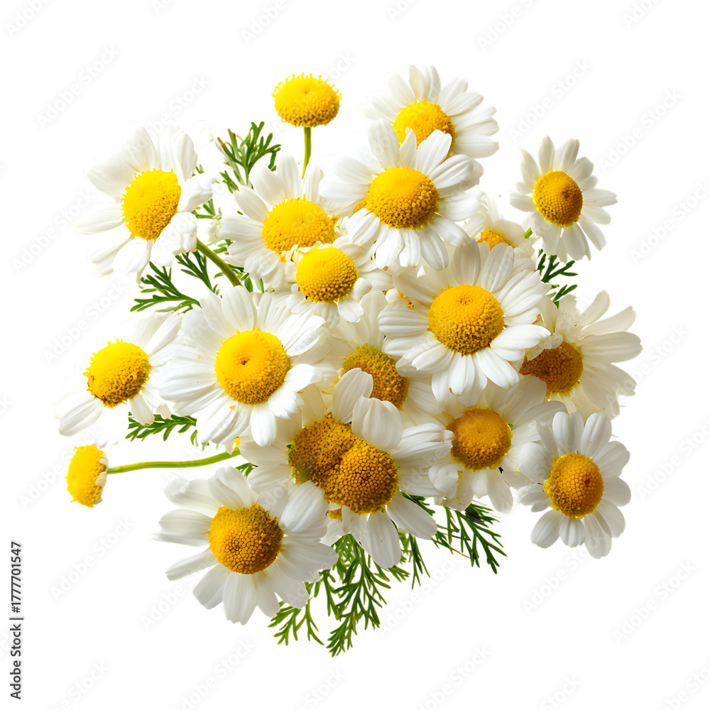 Obraz premium Bunch of fresh chamomile flowers with green leaves on transparent background, top view