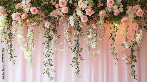 Pastel pink wedding backdrop decorated with cascading white and pink flowers and green leaves, creating romantic and elegant floral arrangement for special occasions