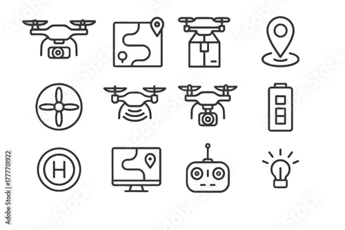 Drone minimal delivery icons prompt contour stroke vector icon line symbol collection
