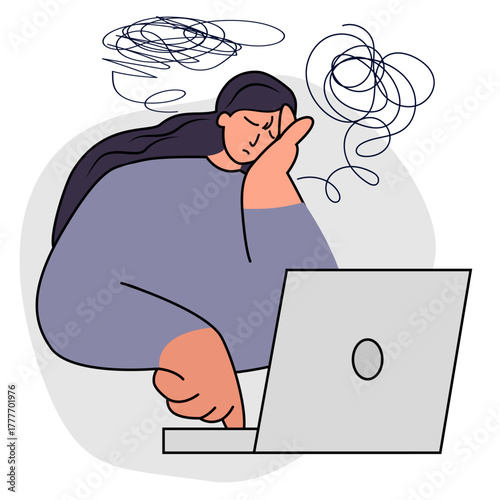 Headache woman, Stress, Memory trouble. Brain damage concept. Sad woman suffers from migraine, confusion, reduced function of brain and mind. Vector