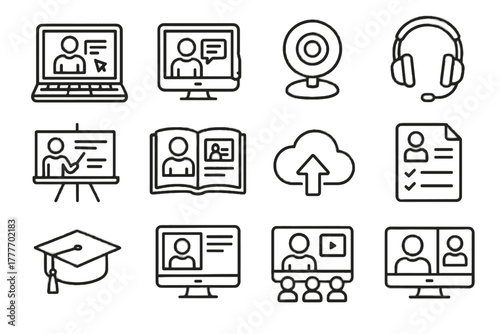 Tutoring class webcam headset laptop cloud tablet icons cap icon online vector