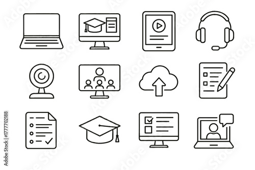 Cap education laptop vector icons virtual digital platform webcam sheet storage cloud