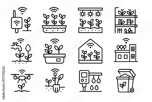 Farming greenhouse bin soil urban icon node sensor vector compost drone planter