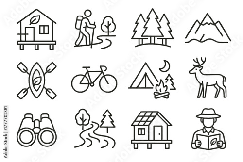 Vector mountain icons travel hiking cabin lodge icon solar guide wildlife sustainable
