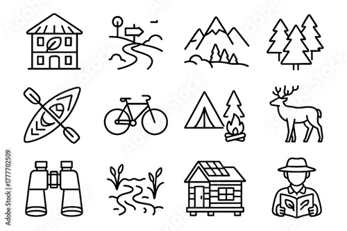 Mountain wildlife vector trip guide eco nature hiking cabin icon binoculars forest