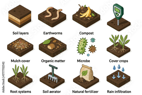 Health illustration icons natural root soil cover microbe vector aerator systems icon