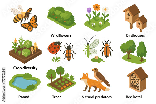 Icon predators ponds vector hedgerows icons insects biodiversity farm bee mixed rows