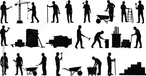 Cbor tstrial site, bilnt mixer, bricks, wheelbarrow, shovel, tty gear, conseavy lifting, infrastructure development