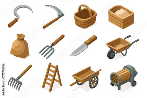 Harvest ladder thresher rake icons vector tools basket sickle icon cart crate