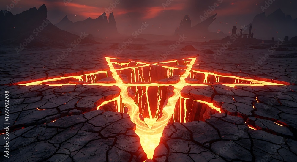 Obraz premium A fiery pentagram cracks the earth in a desolate landscape under a dramatic, cloudy, red-tinged sky.