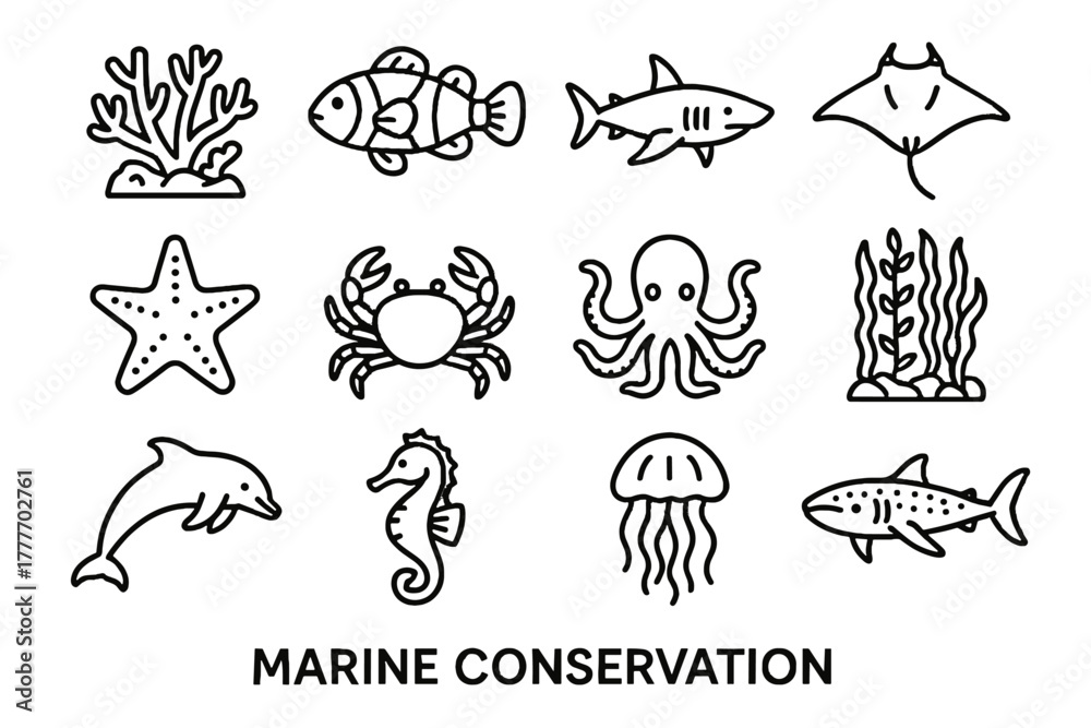 Naklejka premium Marine icon ray conservation clownfish vector reef icons forest crab octopus jellyfish
