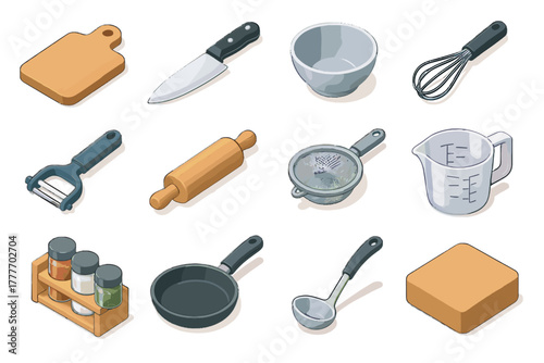 Vector rack icon spice kitchen measuring rolling isometric cutting whisk pan board