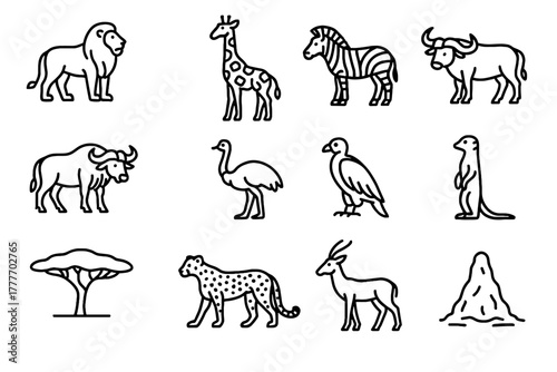 Cheetah tree lion meerkat giraffe vulture collection savanna wildebeest vector antelope icons
