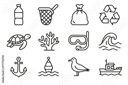 Diving net icons buoy icon cleanup vector ocean recycling seagull wave coral