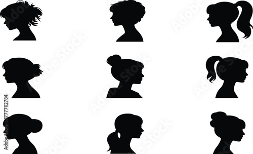Female hairstyle silhouette, black graphic, vector illustration, woman profile, bun, ponytail, bob cut, curly hair, fashion, beautyFemale hairstyle silhouette, black graphic, vector illustration