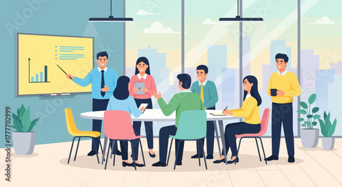 Business meeting with presentation in modern office, team collaboration.