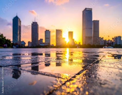 Cityscape Reflection at Sunset - Urban Skyline and Water.