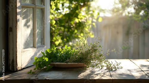 Fototapeta Naklejka Na Ścianę i Meble -  Herb Garden Harvest On Weathered Table Fresh