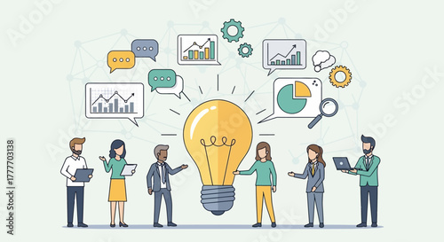 Diverse business team collaborating around a large lightbulb with various data and communication icons, symbolizing innovation and strategy.