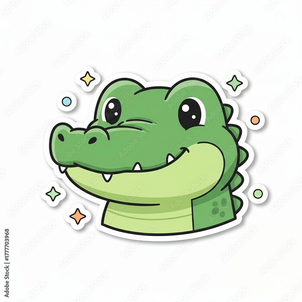 Fototapeta premium A cute kawaii alligator sticker featuring a smiling green reptile character head. Adorable cartoon mascot design of a friendly crocodile for kids
