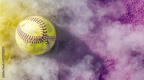 A highly detailed close-up photograph of a baseball surrounded by vibrant purple and yellow smoke