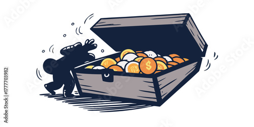 Wooden treasure chest with open lid overflowing coins drawn as outline version colored artwork and dark silhouette figure