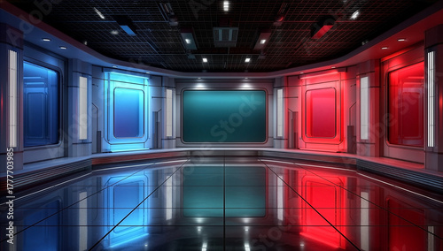 Virtual television studio with large green screen background for chroma key video production