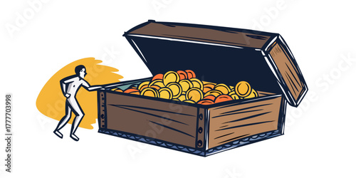 Wooden treasure chest with open lid overflowing coins drawn as outline version colored artwork and dark silhouette figure