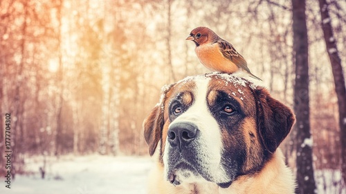 A Large Saint Bernard Dog Stands in a Snowy Forest While A Tiny Bird Perches on Its Head